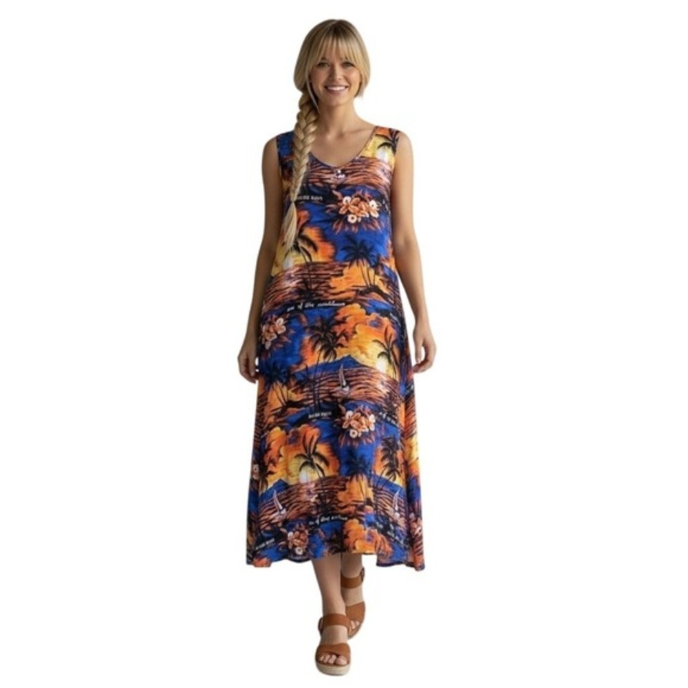 Jamaica‎ Tropical  Maxi Dress XL Orange Blue Beach Vacation Boho Casual Cruise